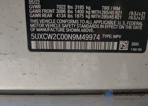 2022 BMW X7 xDrive40I z USA, uszkodzony, nr VIN 5UXCW2C00N9M49974